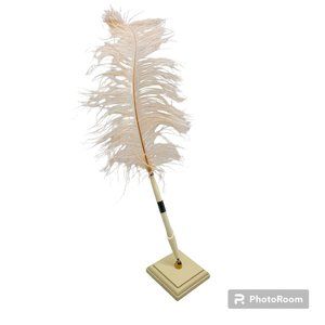 VTG Treasure Masters Bridal Guest Register Pen Peach Feather Wood Stand OG Box